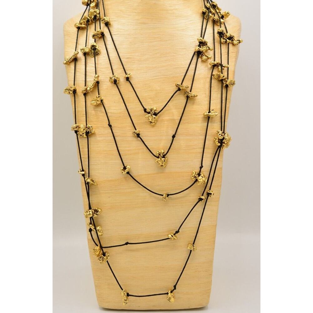 Karine Sultan Vintage Necklace Brushed Gold Nugget Matte Black Cord Signed BinI